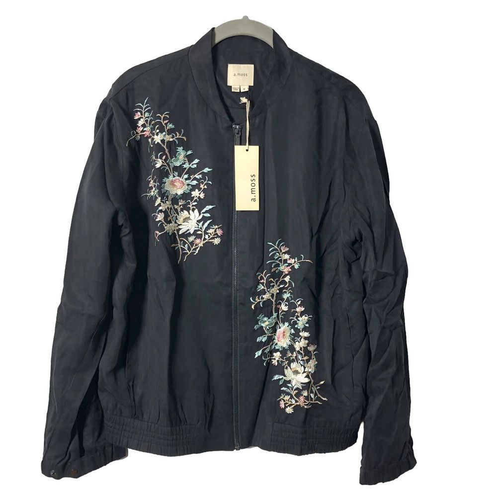 A. Moss Womens Bomber Jacket Black Floral Full Zip Lyocell Blend Embroidered M